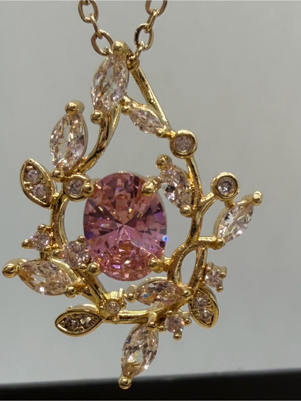 Gold-Tone Pink Crystal Floral Vine Pendant Necklace